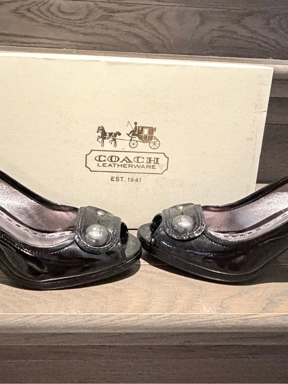 Coach Black Patent Peep-Toe Heels with Logo Button Detail